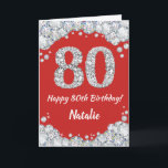 Happy 80th Birthday Red and Silver Glitter Card<br><div class="desc">Happy 80th Birthday Red and Silver Glitter Card with personalized name. For further customization,  please click the "Customize it" button and use our design tool to modify this template.</div>