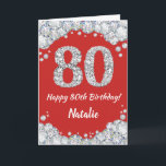 Happy 80th Birthday Red and Silver Glitter Card<br><div class="desc">Happy 80th Birthday Red and Silver Glitter Card with personalized name. For further customization,  please click the "Customize it" button and use our design tool to modify this template.</div>