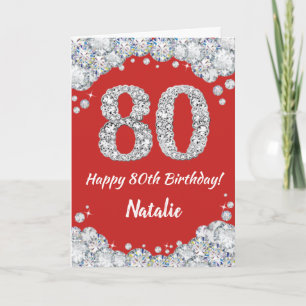 Happy 80th Birthday Red and Silver Glitter Card