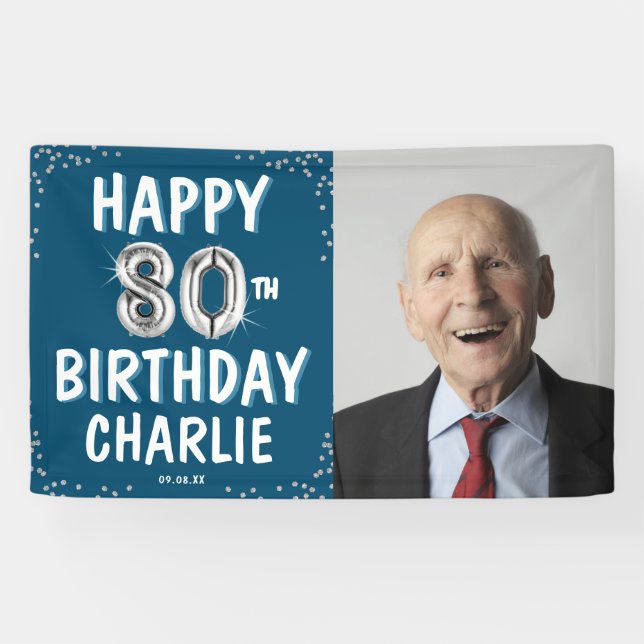 Happy 80th Birthday Silver Balloons Photo Banner (Horizontal)
