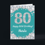 Happy 80th Birthday Teal and Silver Glitter Card<br><div class="desc">Happy 80th Birthday Teal Turquoise Aqua and Silver Glitter Card with personalized name. For further customization,  please click the "Customize it" button and use our design tool to modify this template.</div>