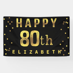 Happy 80th Faux Gold Foil Confetti Black Banner