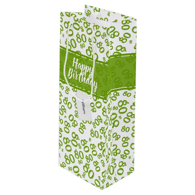 Happy 80th Green/White Random Number Pattern Wine Gift Bag (Front Angled)