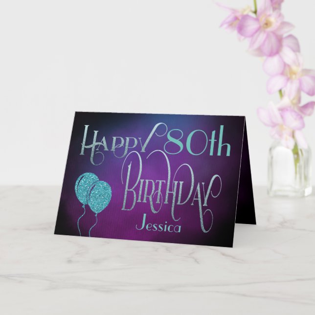 Happy 80th Name Purple Teal Mystical Birthday Card (Orchid)