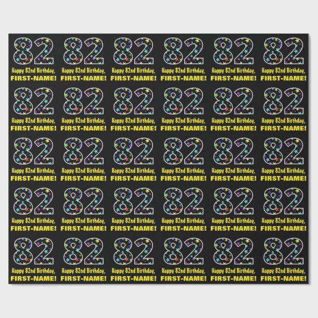 Happy 82nd Birthday, Fun Colourful Stars Pattern 8 Wrapping Paper (Flat)