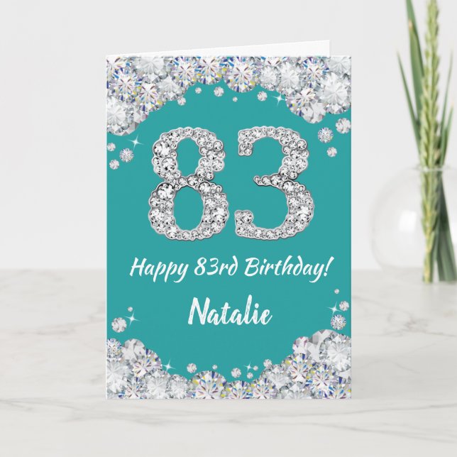 Happy 83rd Birthday Teal and Silver Glitter Card (Front)