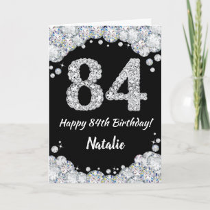Happy 84th Birthday Black and Silver Glitter Card