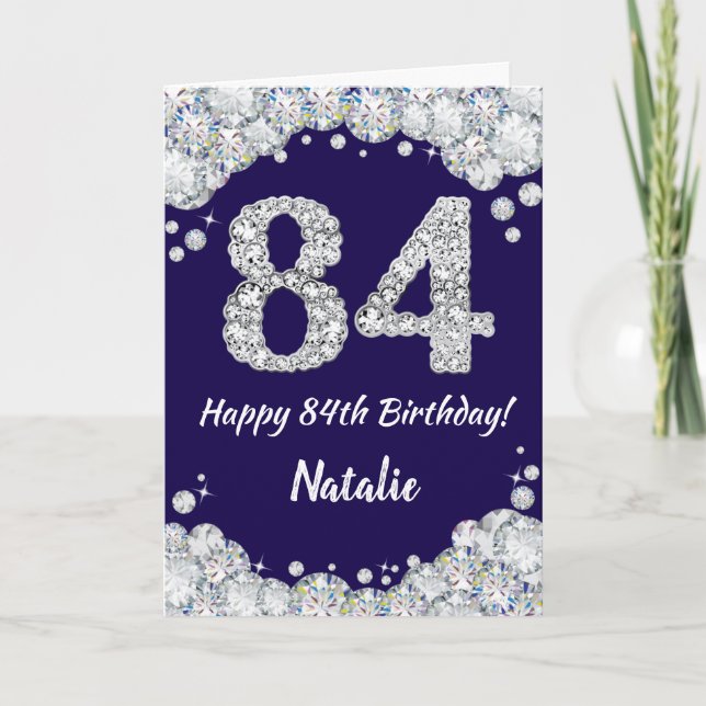 Happy 84th Birthday Navy Blue and Silver Glitter Card (Front)