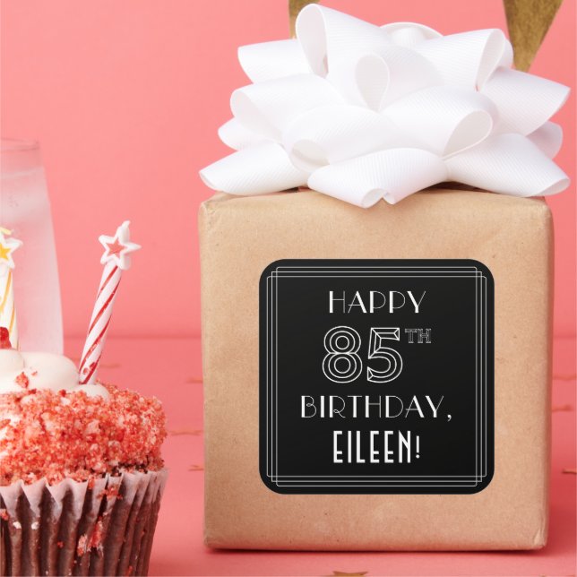 HAPPY 85TH BIRTHDAY; Art Deco Style; Custom Name Square Sticker (Party)