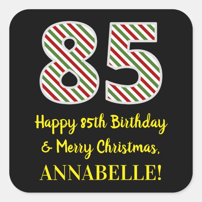 Happy 85th Birthday & Merry Christmas, Custom Name Square Sticker (Front)