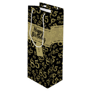 Happy 85th Birthday Number Pattern Black/Gold Wine Gift Bag