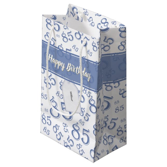 Happy 85th Birthday Number Pattern Blue/White Small Gift Bag (Front Angled)