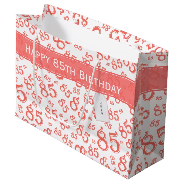 Happy 85th Birthday Number Pattern Coral/White  Large Gift Bag (Front Angled)