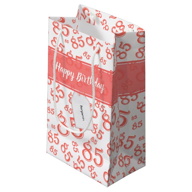 Happy 85th Birthday Number Pattern Coral/White  Small Gift Bag (Front Angled)