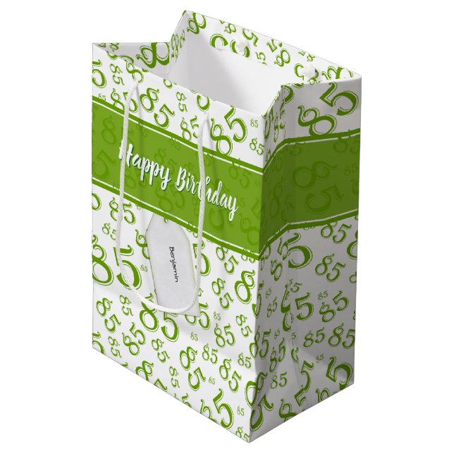 Happy 85th Birthday Number Pattern Green/White Medium Gift Bag (Front Angled)