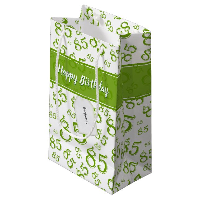 Happy 85th Birthday Number Pattern Green/White Small Gift Bag (Front Angled)