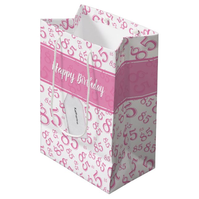Happy 85th Birthday Number Pattern Pink/White Medium Gift Bag (Front Angled)