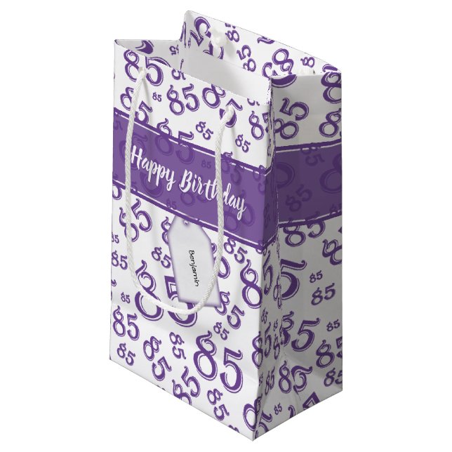 Happy 85th Birthday Number Pattern Purple/White Small Gift Bag (Front Angled)