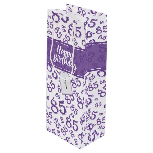 Happy 85th Birthday Number Pattern Purple/White Wine Gift Bag (Front Angled)