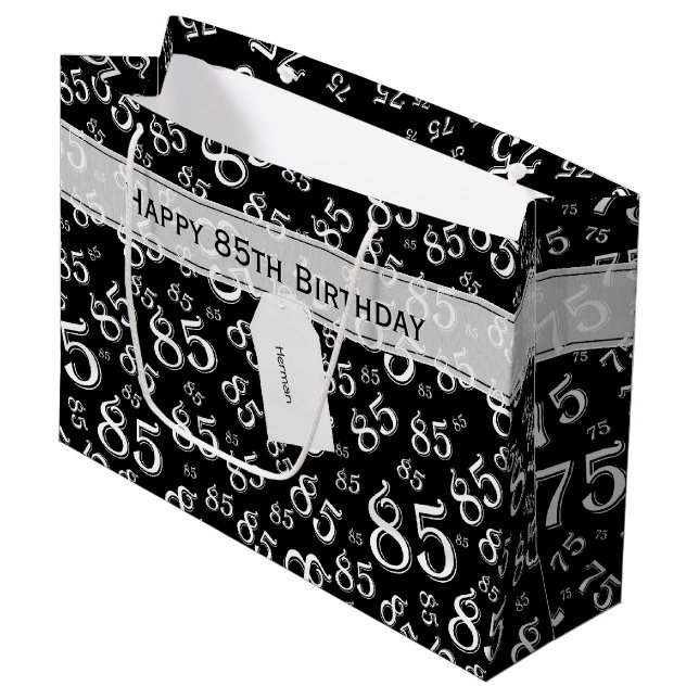 Happy 85th Random Number Pattern Black/White Large Gift Bag (Front Angled)