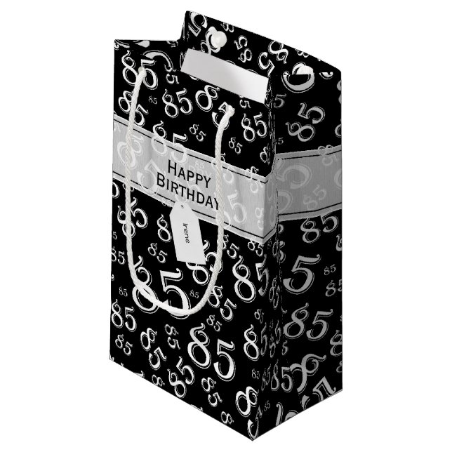 Happy 85th Random Number Pattern Black/White Small Gift Bag (Front Angled)