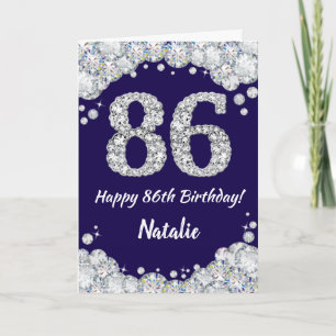 Happy 86th Birthday Navy Blue and Silver Glitter Card