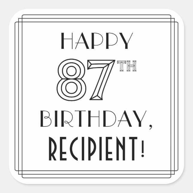 HAPPY 87TH BIRTHDAY, Art Deco Style, Custom Name Square Sticker (Front)
