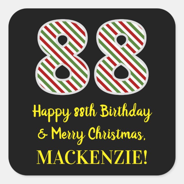 Happy 88th Birthday & Merry Christmas, Custom Name Square Sticker (Front)