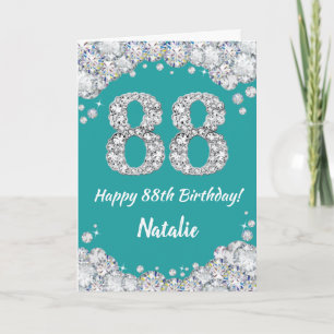Happy 88th Birthday Teal and Silver Glitter Card
