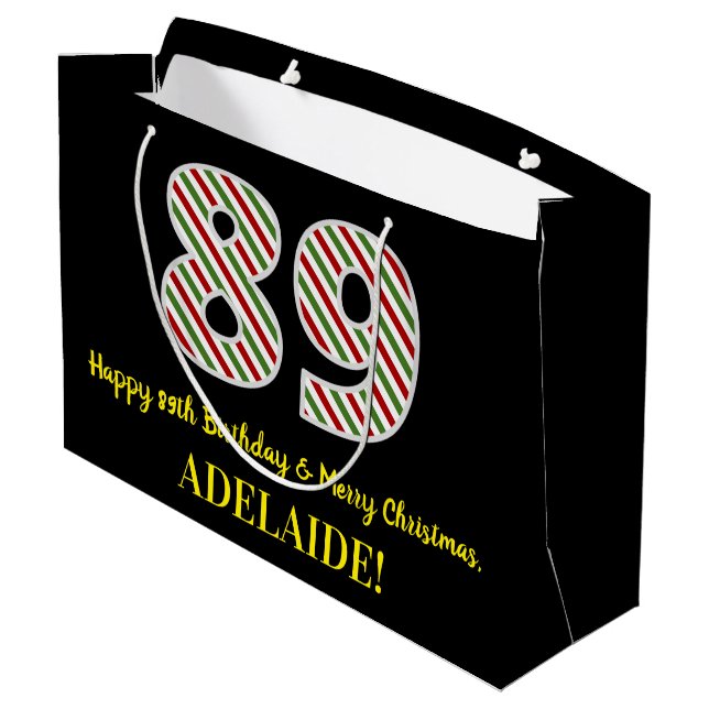 Happy 89th Birthday & Merry Christmas, Custom Name Large Gift Bag (Back Angled)