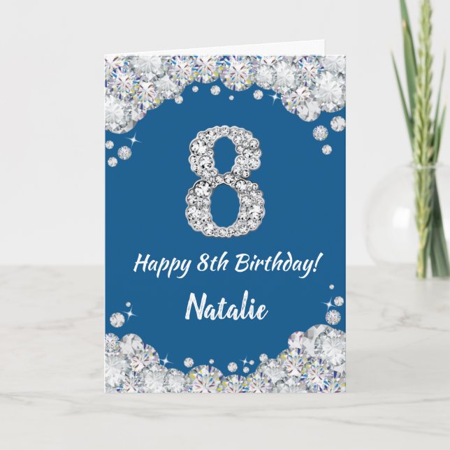 Happy 8th Birthday Blue and Silver Glitter Card (Front)
