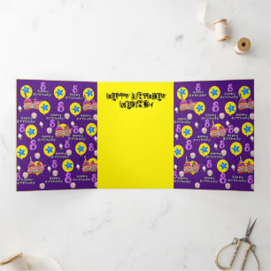 Happy 8th Birthday Card, #8 Purple &Yellow Tri-Fold Card