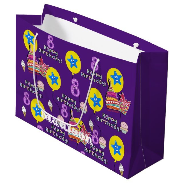 Happy 8th Birthday Gift Bag #8 Purple (Front Angled)