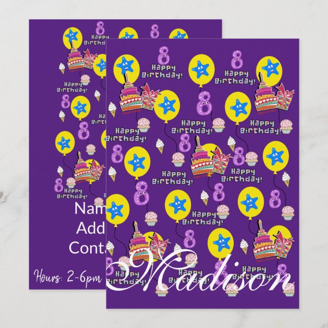 Happy 8th Birthday Invitation Birthday #8 Purple (Front/Back)