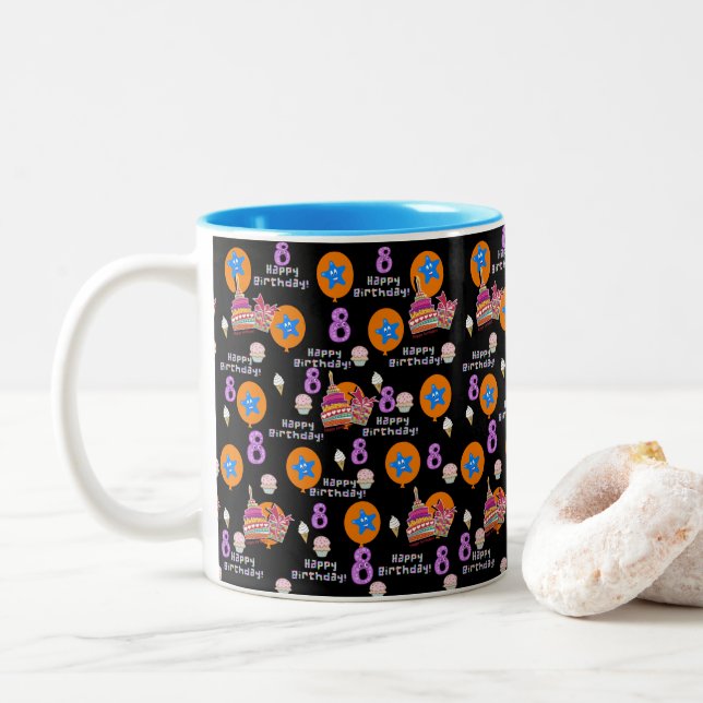 Happy 8th Birthday Mug  Balloons #8 Black (With Donut)