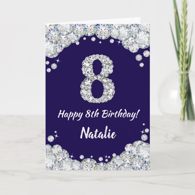 Happy 8th Birthday Navy Blue and Silver Glitter Card (Front)