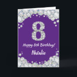 Happy 8th Birthday Purple and Silver Glitter Card<br><div class="desc">Happy 8th Birthday Purple and Silver Glitter Card with personalized name. For further customization,  please click the "Customize it" button and use our design tool to modify this template.</div>