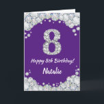 Happy 8th Birthday Purple and Silver Glitter Card<br><div class="desc">Happy 8th Birthday Purple and Silver Glitter Card with personalized name. For further customization,  please click the "Customize it" button and use our design tool to modify this template.</div>
