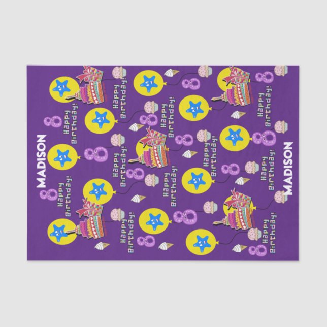 Happy 8th Birthday Tissue Paper #8 Purple (Front)