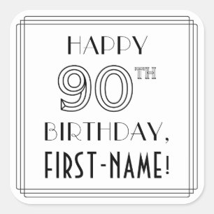 HAPPY 90TH BIRTHDAY, Art Deco Style, Custom Name Square Sticker