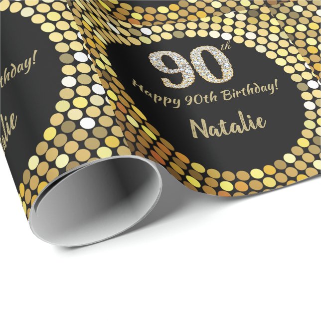 Happy 90th Birthday Black and Gold Glitter Wrapping Paper (Roll Corner)