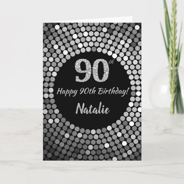 Happy 90th Birthday Black and Silver Glitter Card (Front)