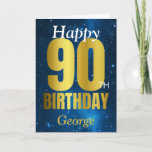 Happy 90th Birthday Blue Gold Card<br><div class="desc">A gorgeous blue and gold effect birthday card. This space themed design is the perfect way to wish someone a 'happy 90th birthday'. Personalize with our own custom name and message. Gold and white typography on a universe background.</div>