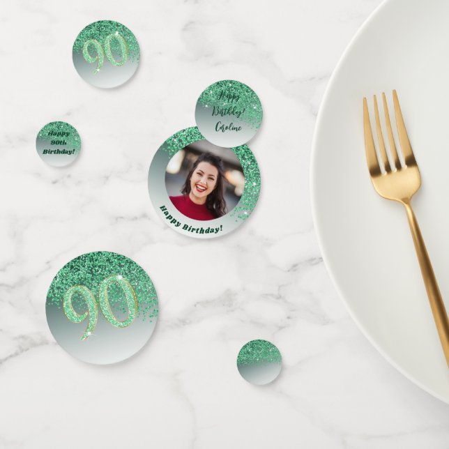 Happy 90th Birthday Chic Falling Green Glitter Confetti (Group)