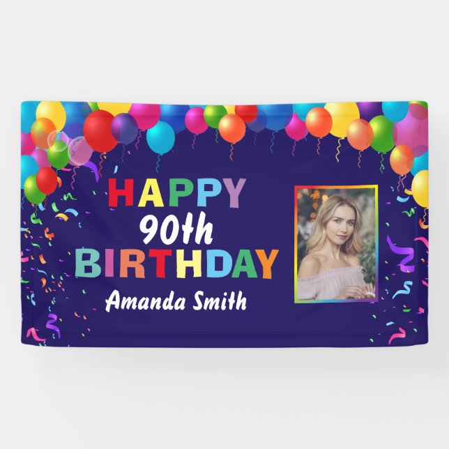 Happy 90th Birthday Colorful Balloons Navy Blue Banner (Horizontal)