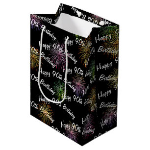 Happy 90th Birthday fireworks on black Medium Gift Bag