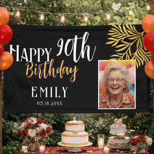 Happy 90th Birthday Gold Foliage Photo Backdrop Banner