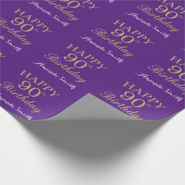 Happy 90th Birthday Gold Glitter and Purple Wrapping Paper (Corner)