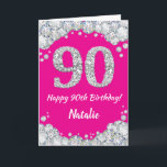 Happy 90th Birthday Hot Pink and Silver Glitter Card<br><div class="desc">Happy 90th Birthday Hot Pink and Silver Glitter Card with personalized name. For further customization,  please click the "Customize it" button and use our design tool to modify this template.</div>