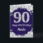 Happy 90th Birthday Navy Blue and Silver Glitter Card<br><div class="desc">Happy 90th Birthday Navy Blue and Silver Glitter Card with personalized name. For further customization,  please click the "Customize it" button and use our design tool to modify this template.</div>